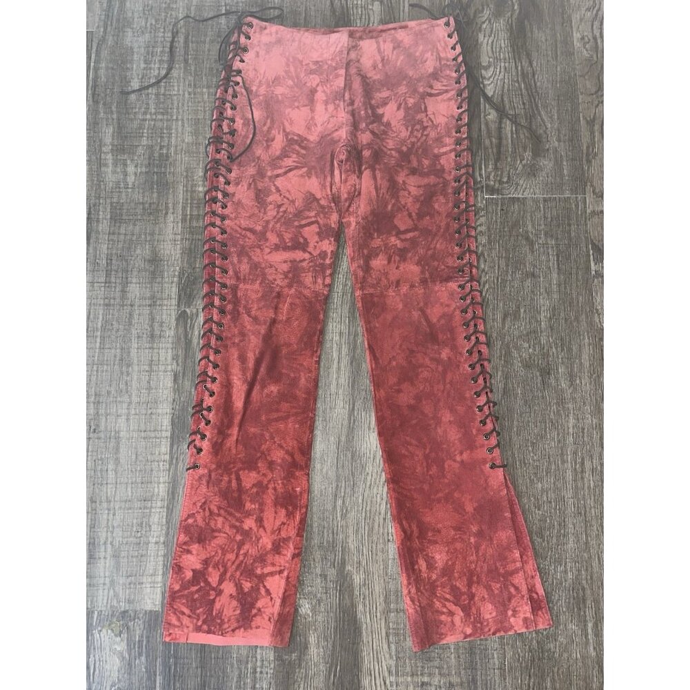 Vintage 90s Bebe Suede Leather Side Lace Up Mid Rise Pants Size 4 Bottom Slits - Picture 3 of 13